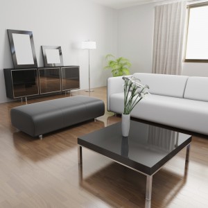 Living room with white sofa and glass coffee table