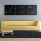 Living room with yellow sofa and grey lavender walls