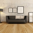 Living room with brown sofa and wood floor